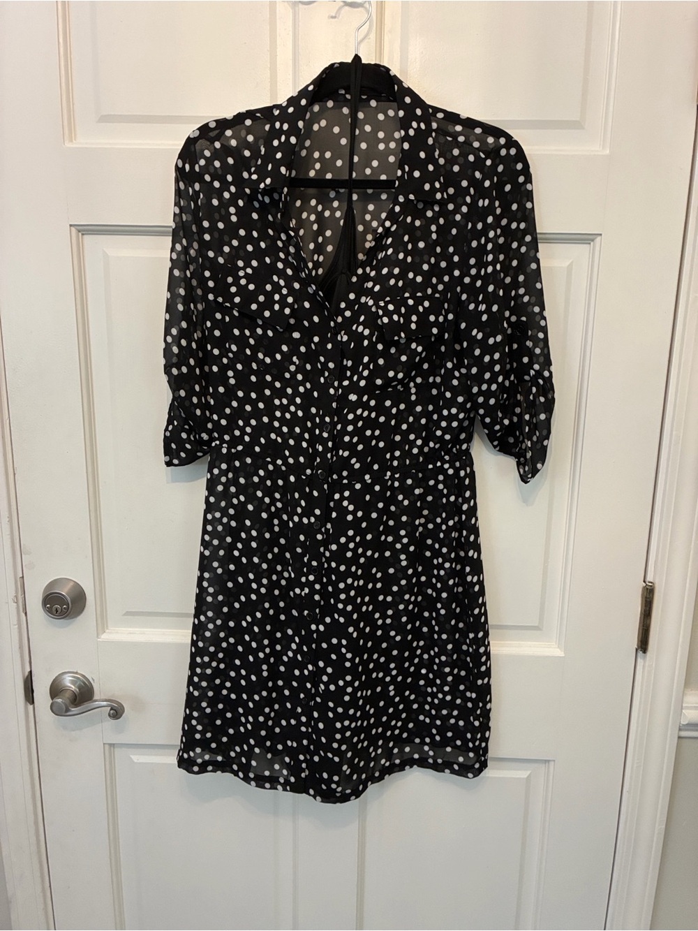 Maurices Black Dress with White Polka Dots - Midi Shirt Style with black slip